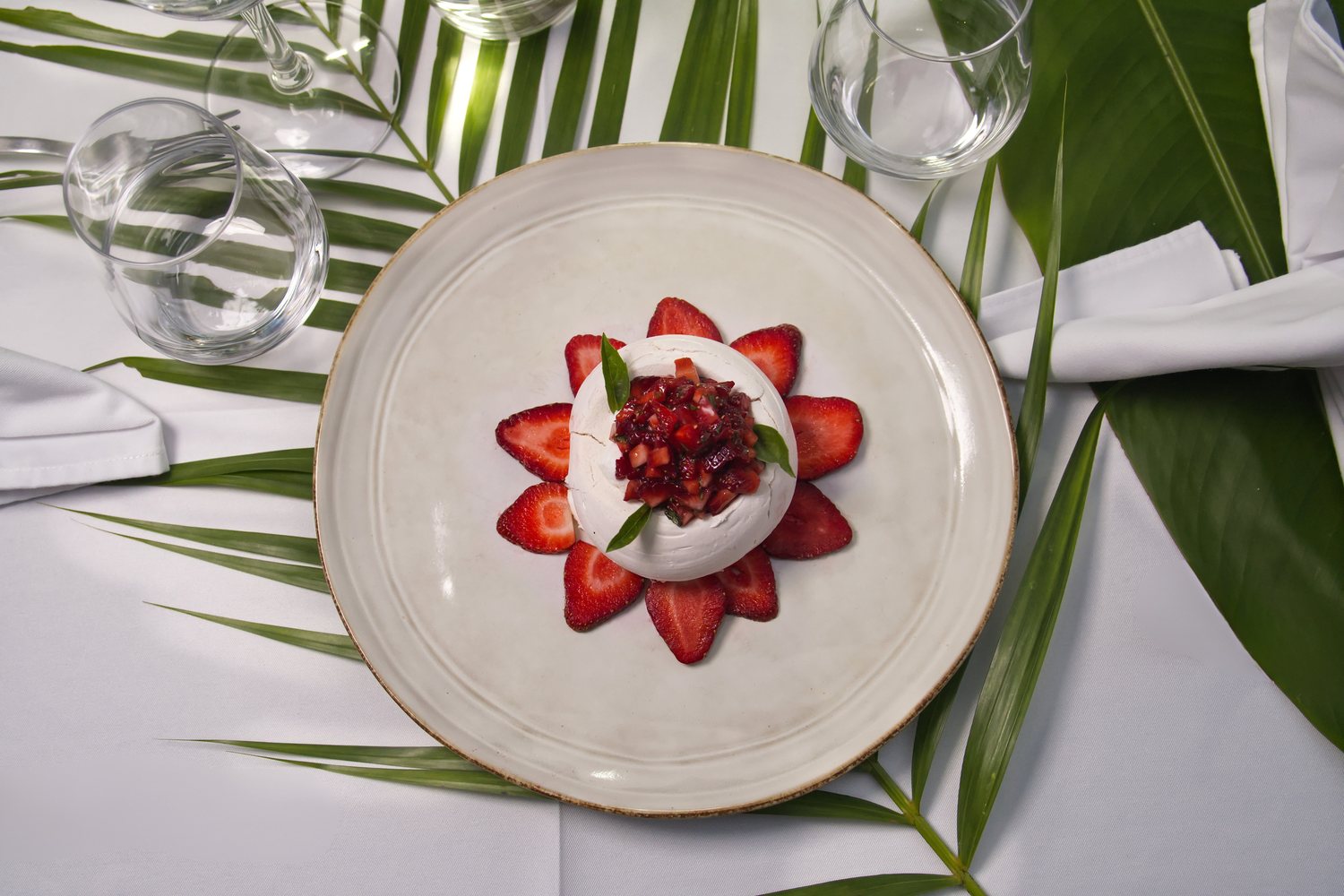 The strawberry and basil pavlova from the menu, seen from above